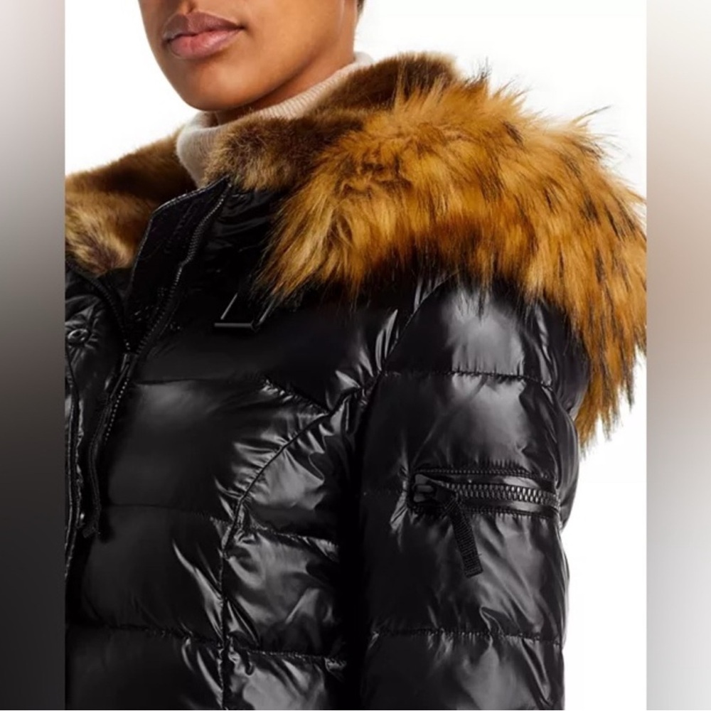 NWOT S13 Chelsea Women's Black Shiny Puffer Jacket with Faux Fur Trim - Picture 6 of 16